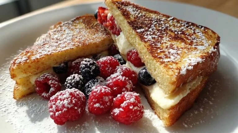 Delicious stuffed french toast with berries on a plate ready to serve.