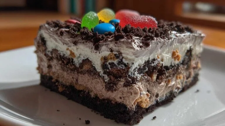 No-bake Oreo Dirt Cake with chocolate crumbs and creamy layers
