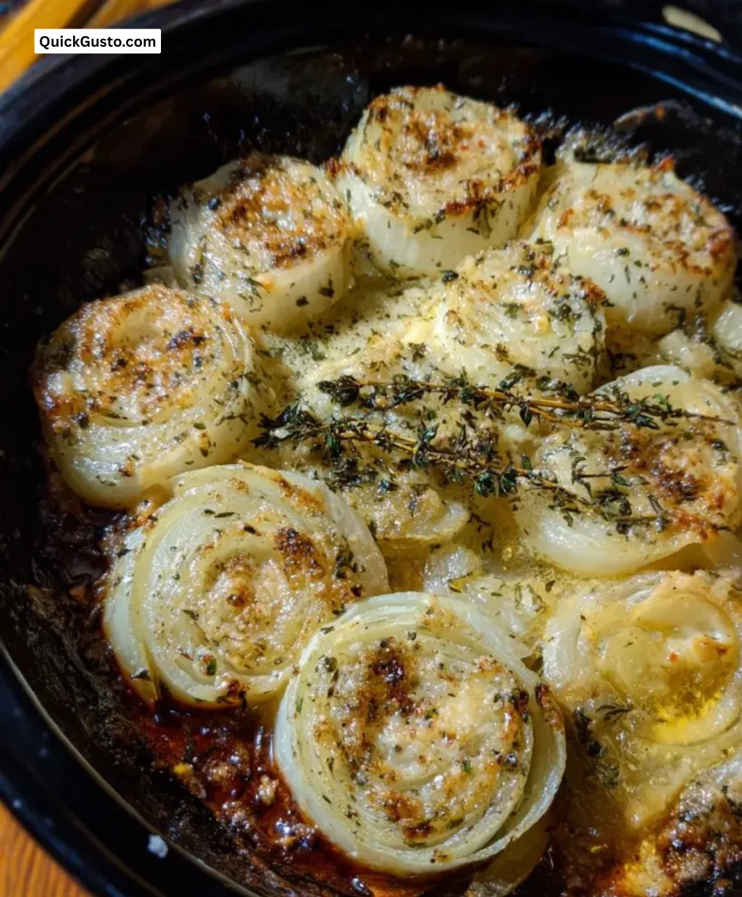 Delicious Asiago roasted onions garnished and ready to serve.