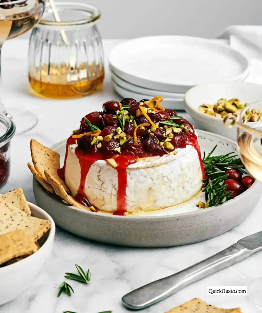 Delicious Baked Brie topped with cranberry sauce, served warm and creamy