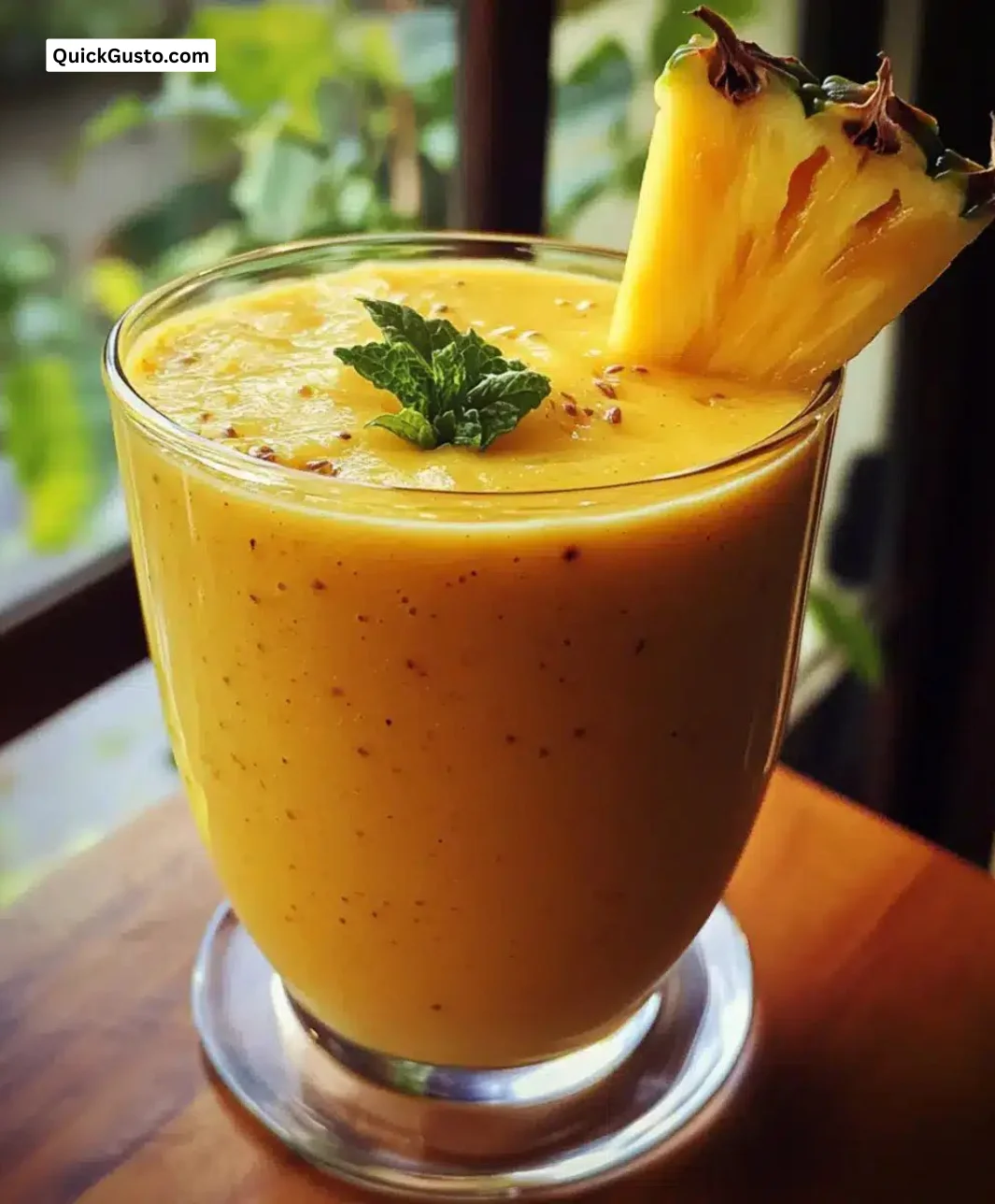 Delicious mango pineapple smoothie garnished with fresh fruit.