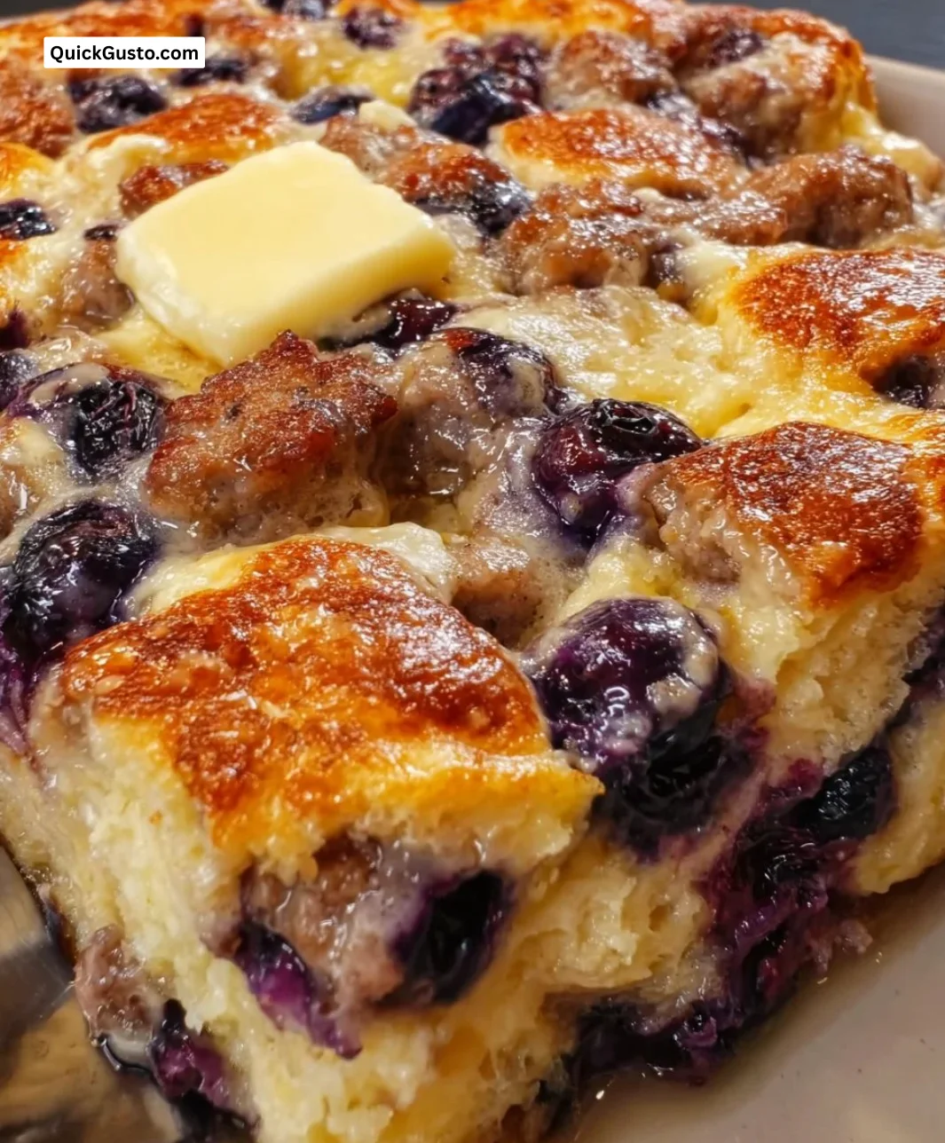 Blueberry Sausage Pancake Casserole topped with blueberries and sausage slices