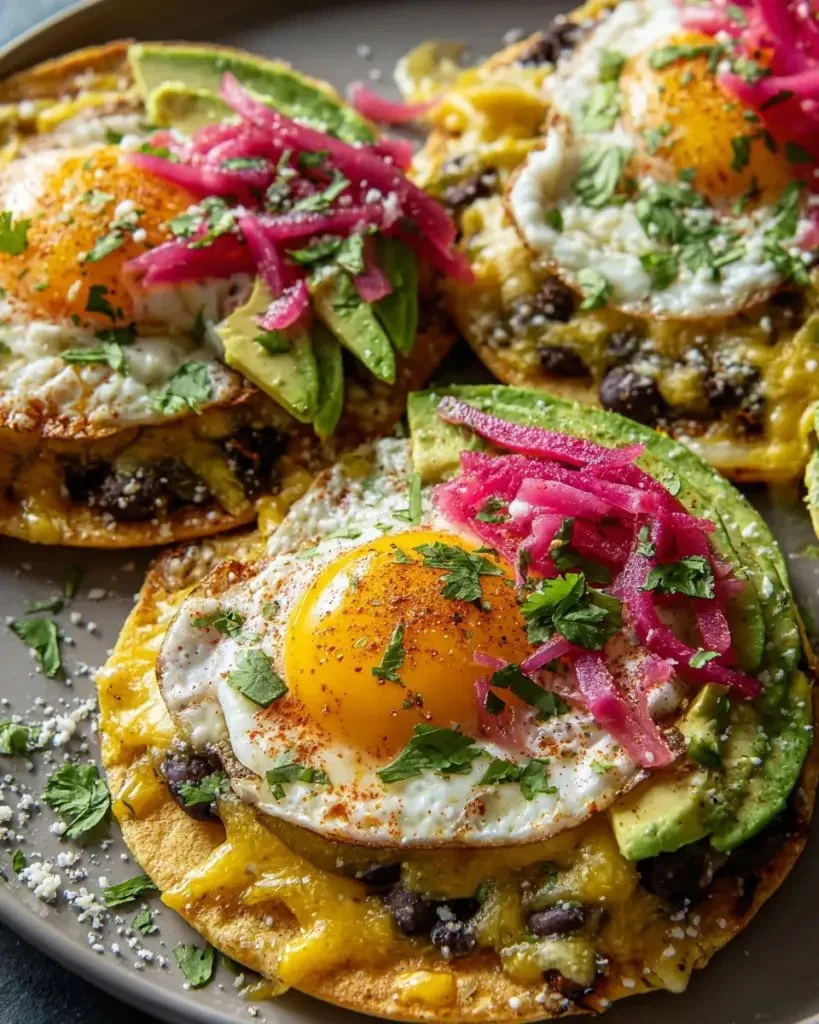 Breakfast tostadas with eggs and avocado on a plate