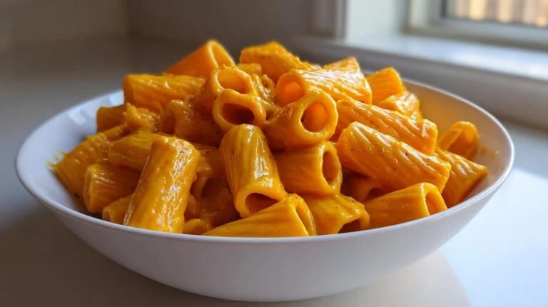 Plate of butternut squash pasta topped with herbs and cheese