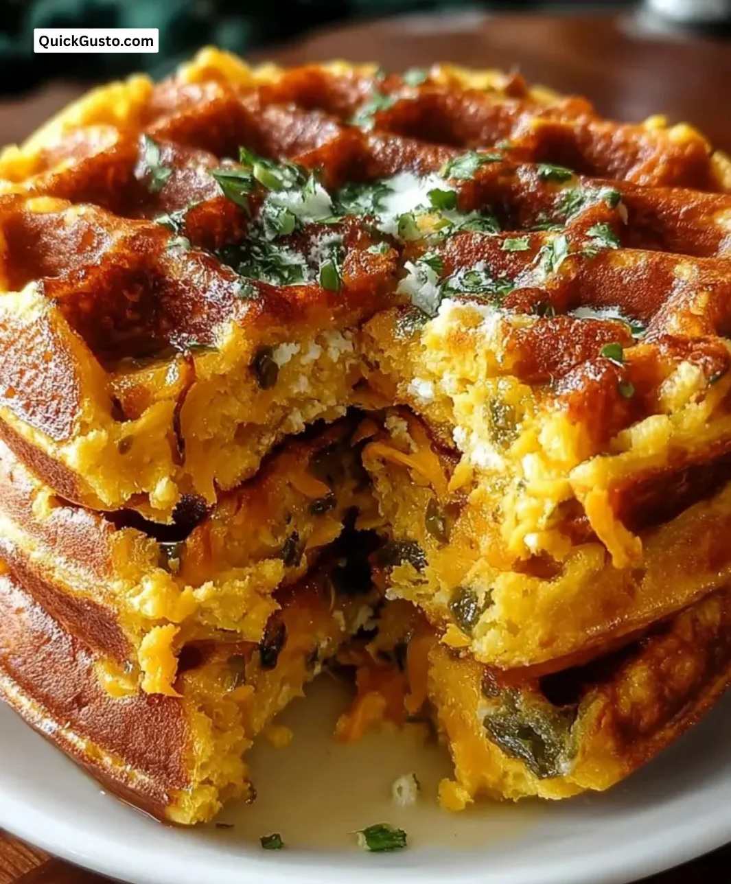 Cheddar Jalapeño Cornbread Waffles stacked on a plate, garnished.