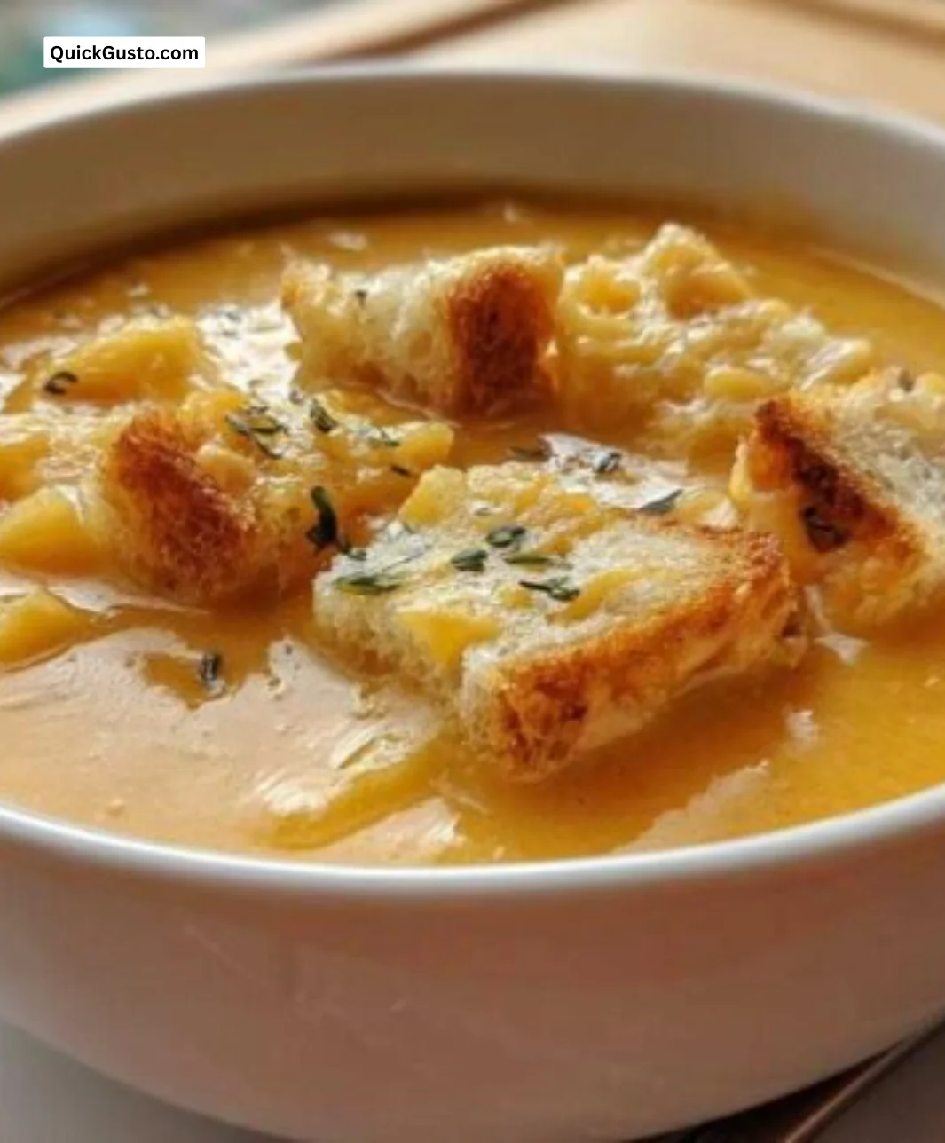 Delicious bowl of homemade cheese soup garnished with herbs