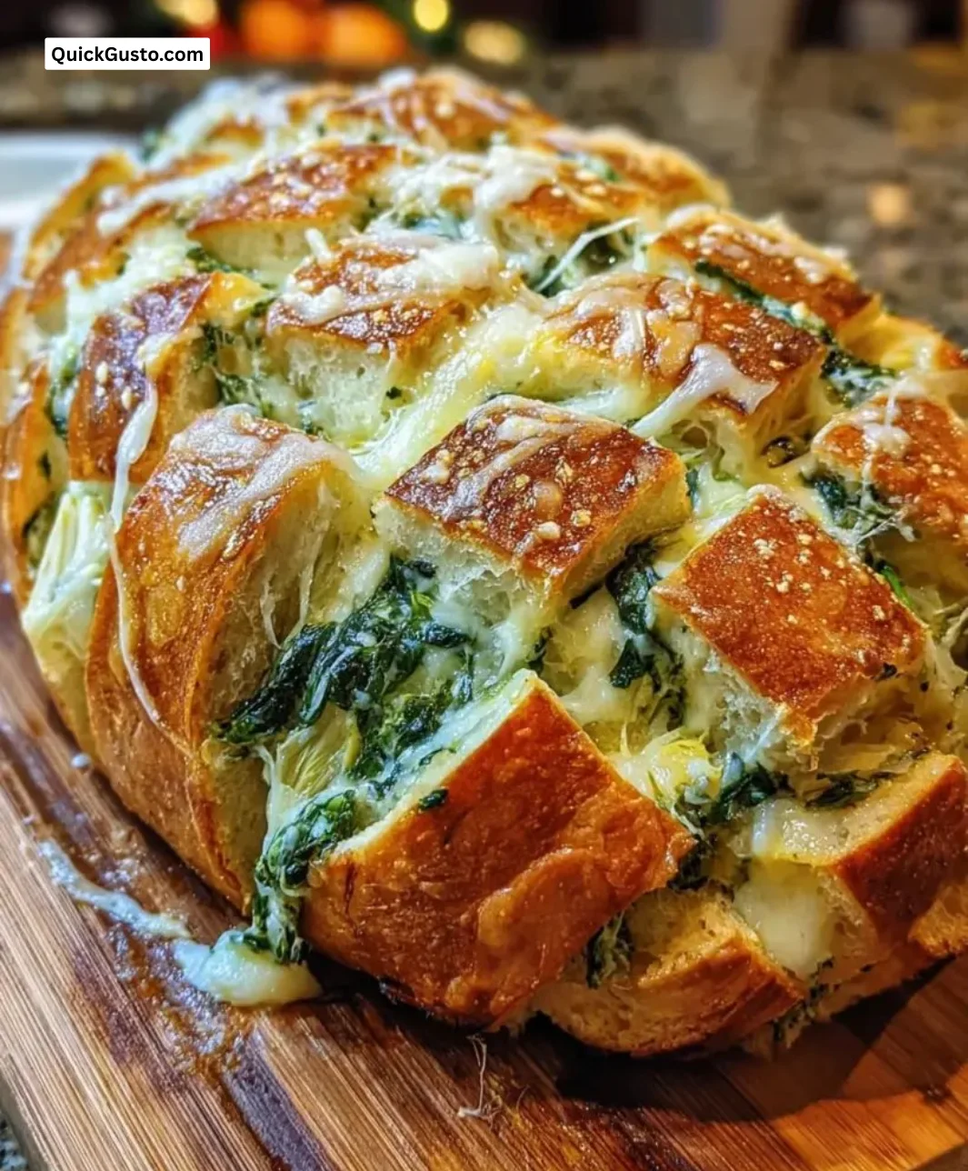 Cheesy spinach and artichoke pull-apart sourdough bread with melted cheese.