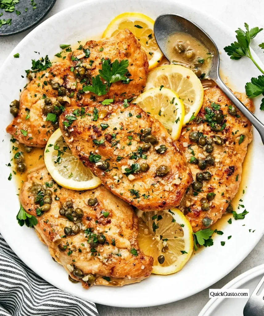 Delicious Chicken Piccata served with lemon and capers on a white plate