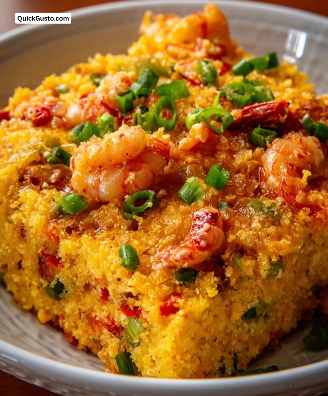 A delicious dish of crawfish cornbread served with fresh garnishes.