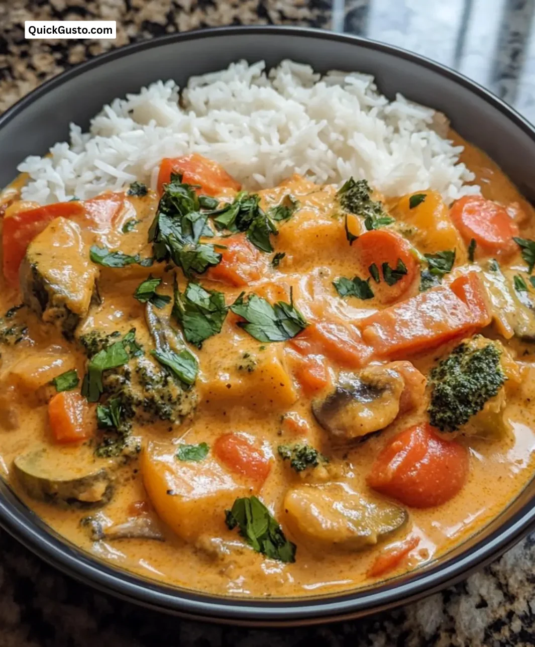 Bowl of easy creamy coconut veggie curry with colorful vegetables and coconut milk