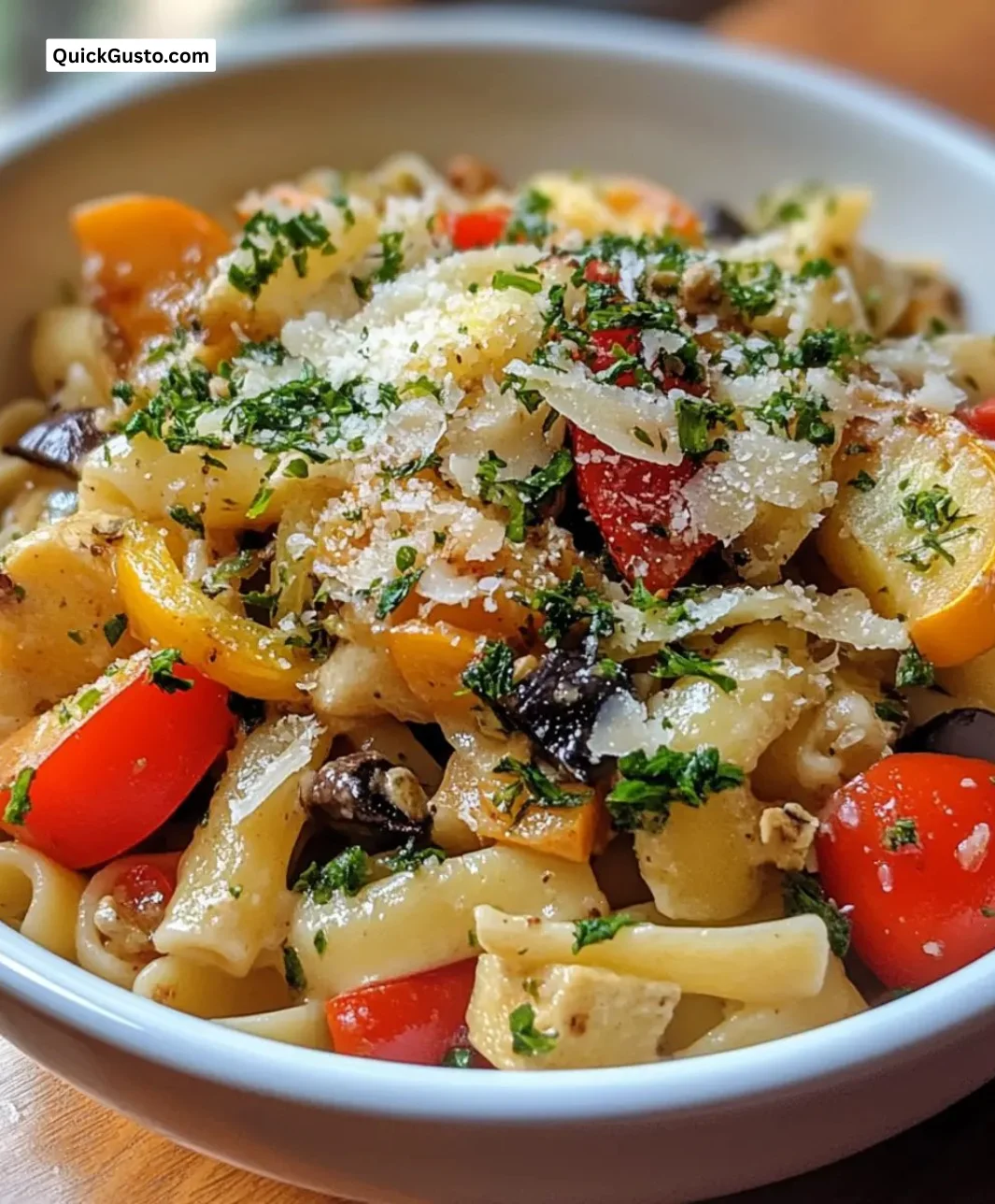Colorful vegetable pasta bowl filled with fresh ingredients and vibrant flavors.