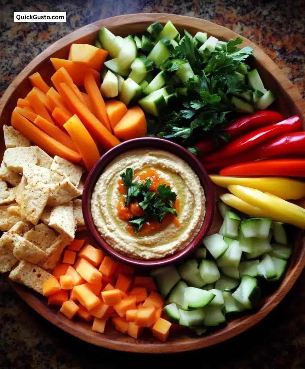Easy hummus served with a colorful fresh veggie board for healthy snacks.