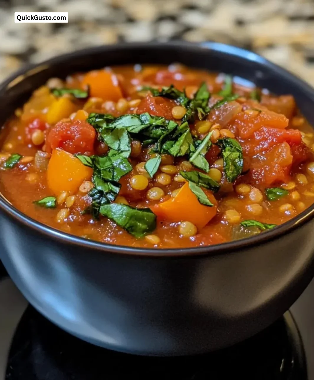 Bowl of easy Instant Pot tomato basil lentil stew with fresh herbs