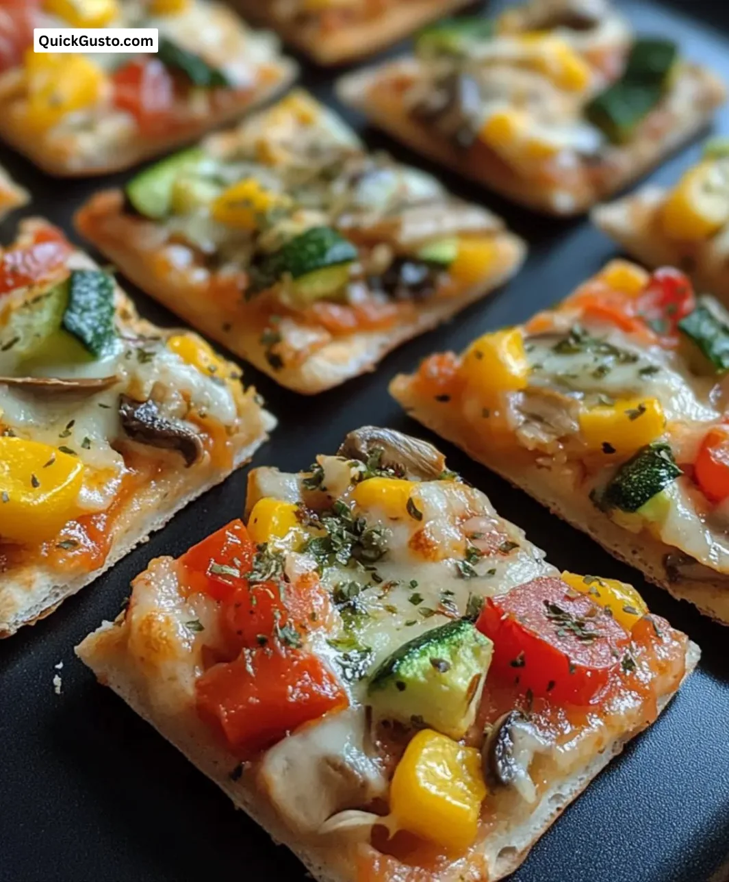Easy mini veggie pizza slices topped with fresh vegetables and cheese