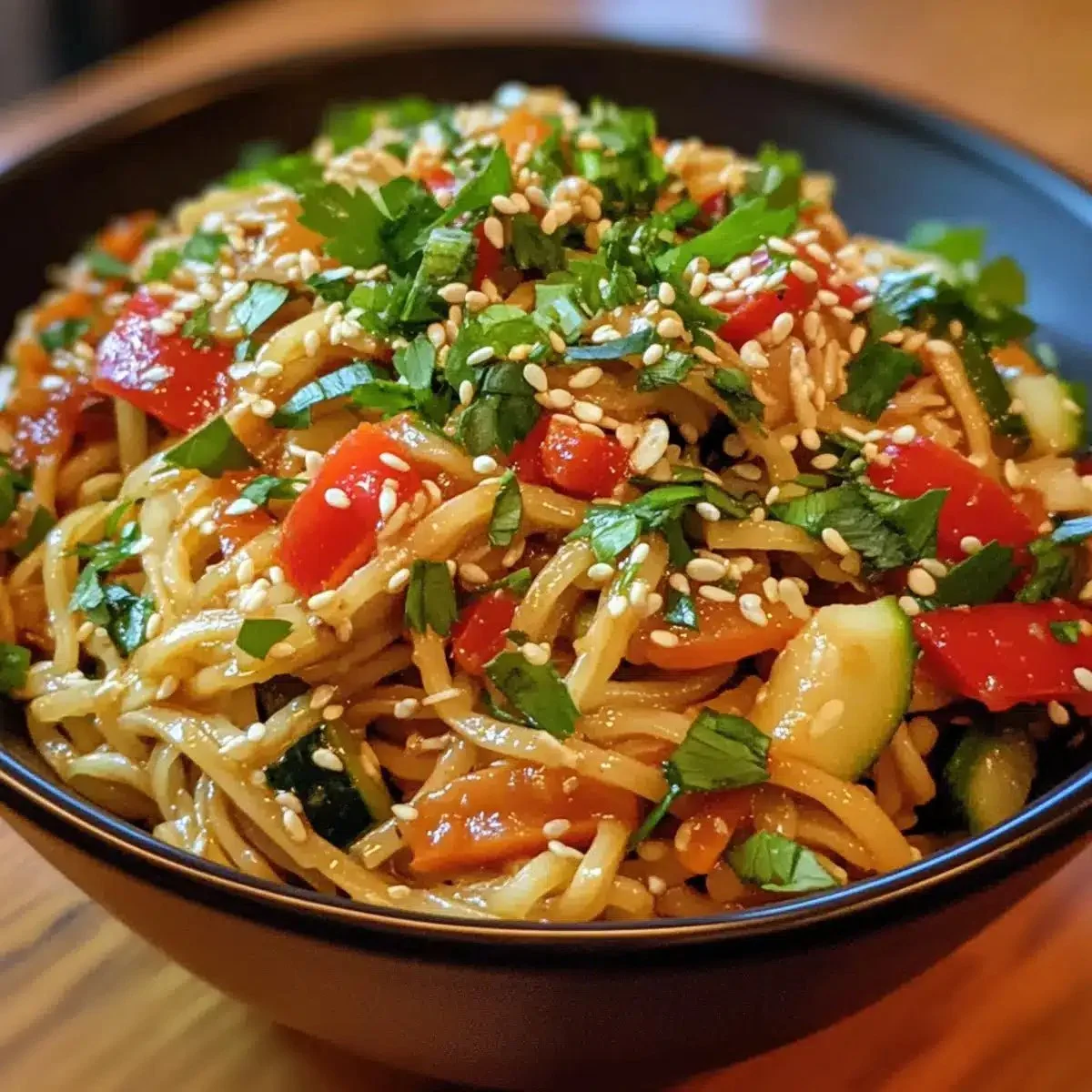 Bowl of easy sesame noodle veggie toss with fresh vegetables and sesame seeds