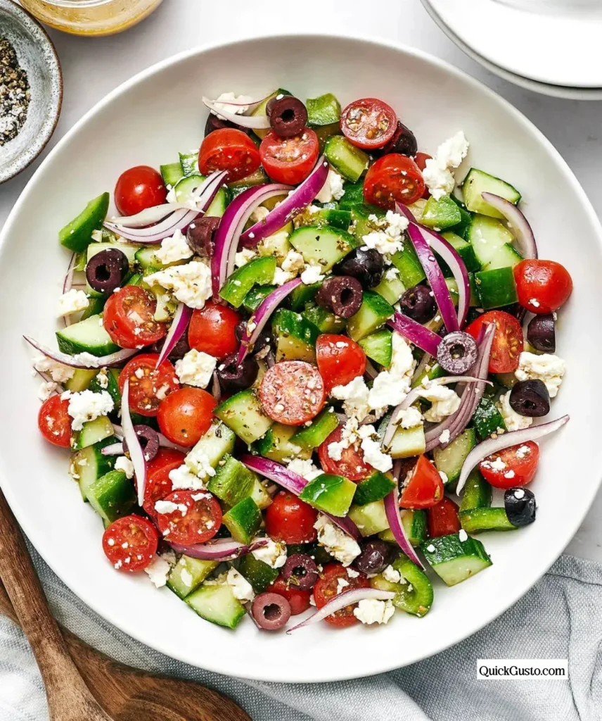 Delicious Greek Salad with tomatoes, cucumbers, feta cheese, and olives