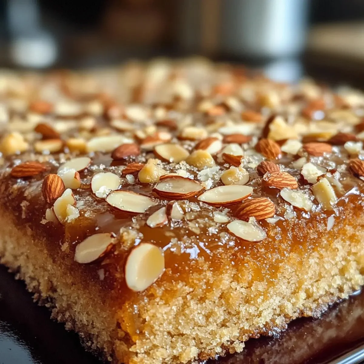 Irresistible Almond Honey Sheet Cake with a golden brown crust and honey glaze.
