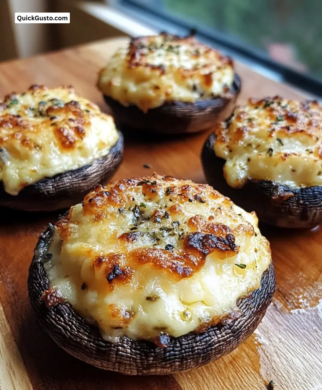 Platter of irresistibly cheesy stuffed mushroom caps ready to serve.