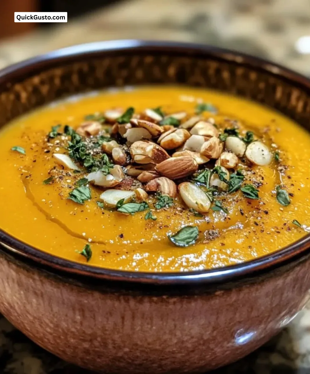 Bowl of creamy roasted pumpkin garlic soup garnished with herbs