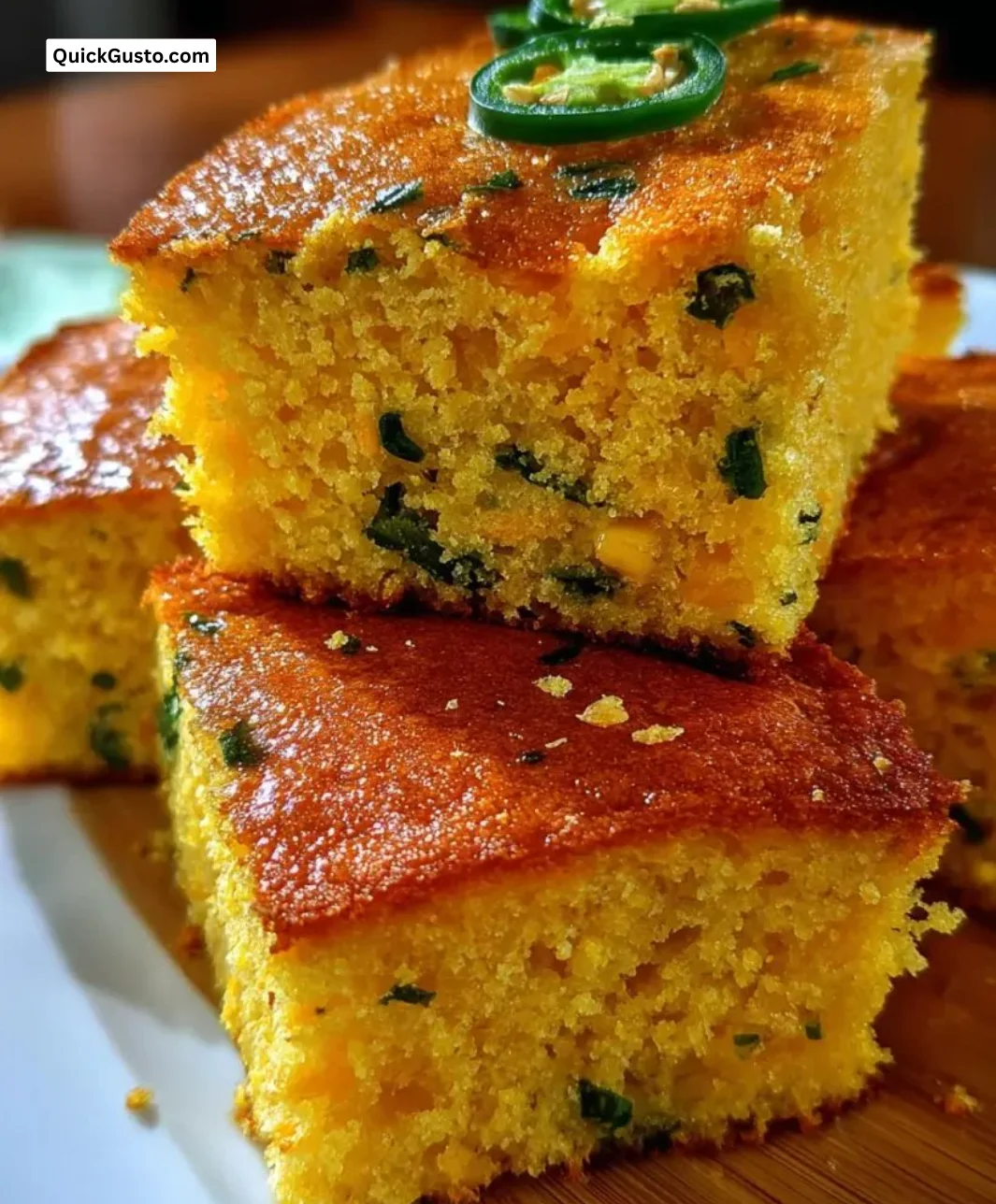 Delicious jalapeño cornbread served on a rustic wooden table.