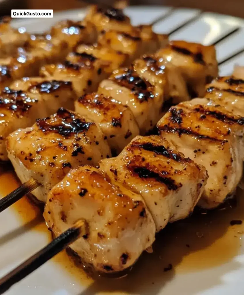 Juicy honey garlic chicken skewers garnished and ready to grill.