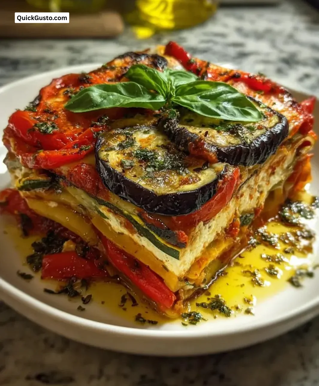 Layered Mediterranean Vegetable Lasagna with fresh vegetables and marinara sauce
