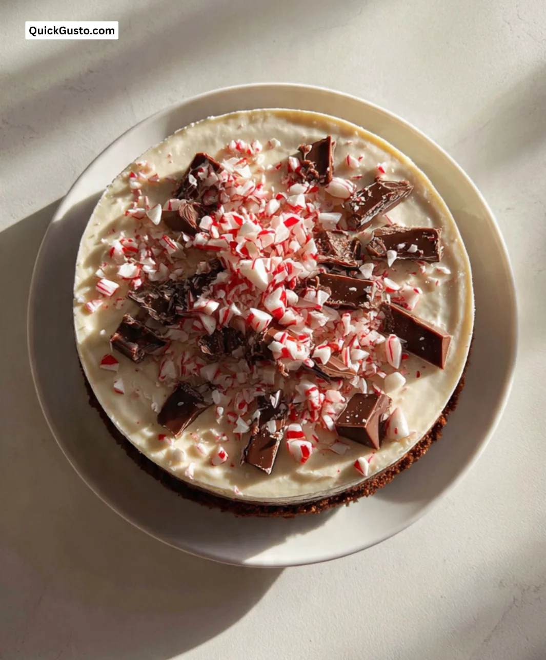 Delicious peppermint bark cheesecake topped with festive decorations