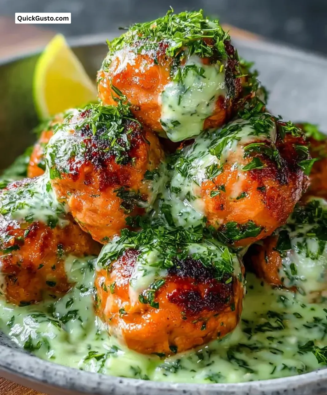 Salmon Balls served with creamy Avocado Sauce on a plate