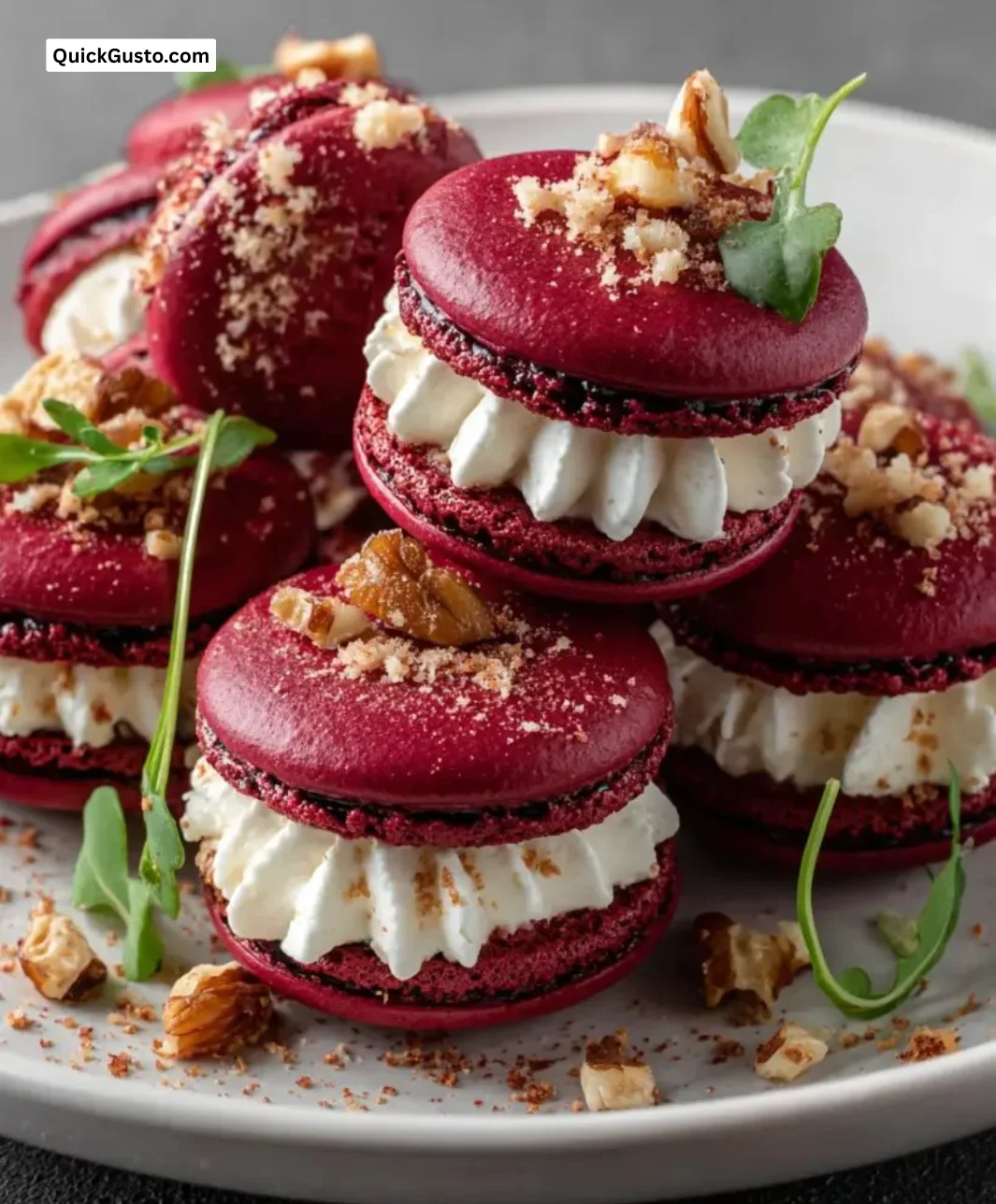 Savory beet macarons filled with goat cheese, a unique culinary delight