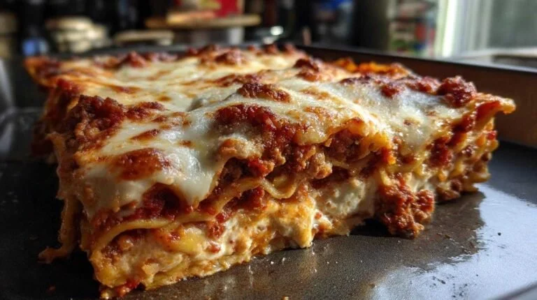 Sheet Pan Lasagna served on a bright wooden table with fresh herbs