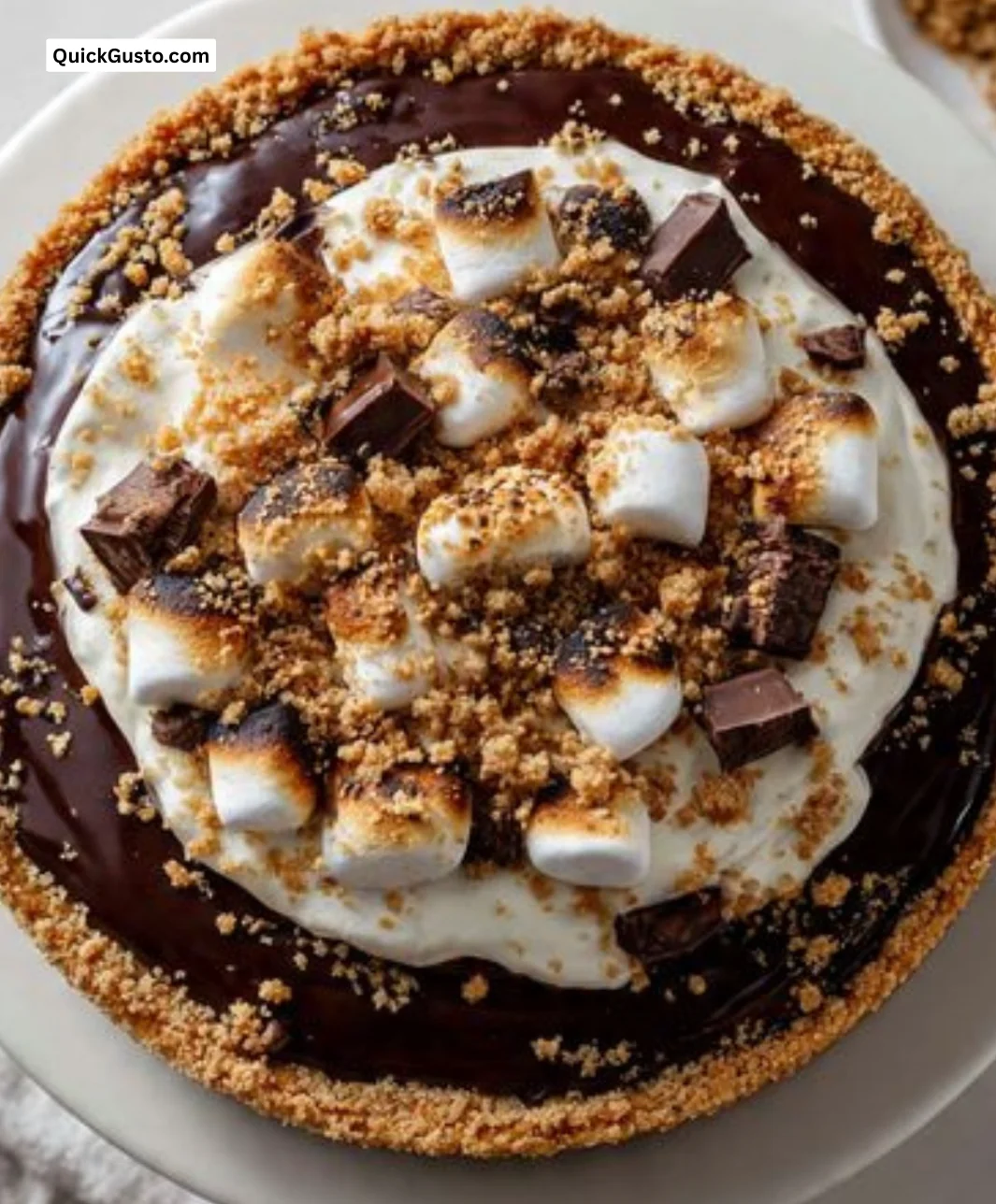 Slice of decadent S'mores Cheesecake topped with marshmallows and chocolate drizzle