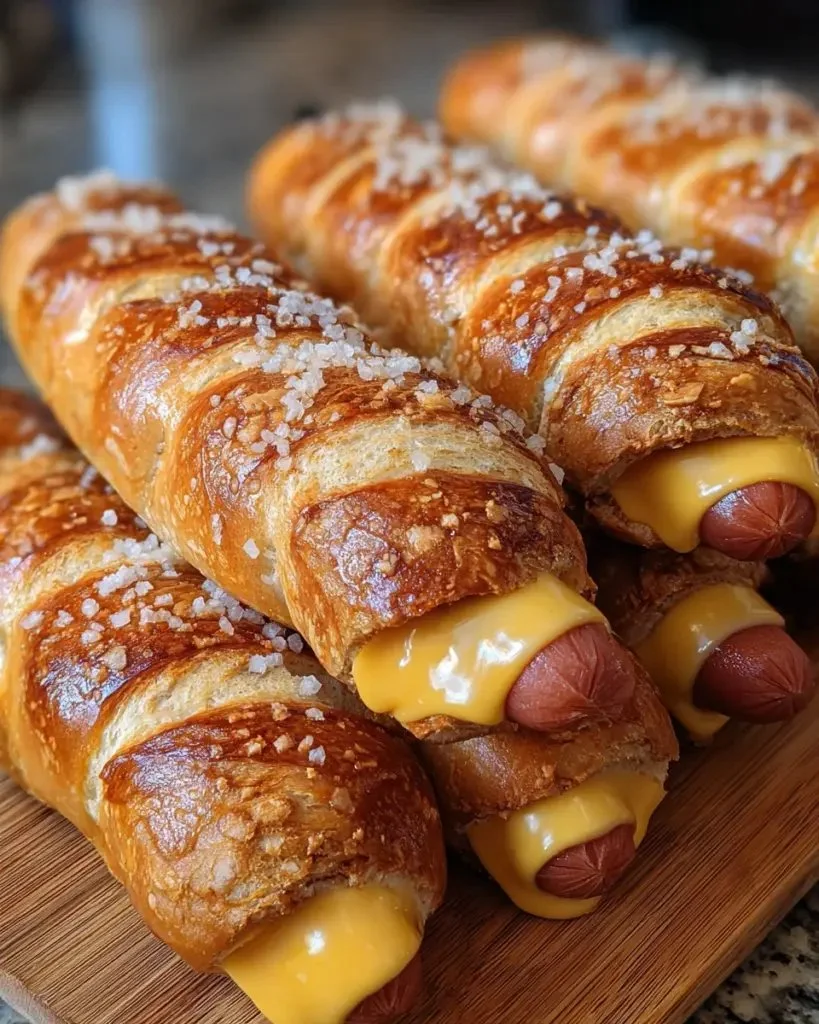 Soft baked cheesy pretzel dogs fresh out of the oven, golden and cheesy.