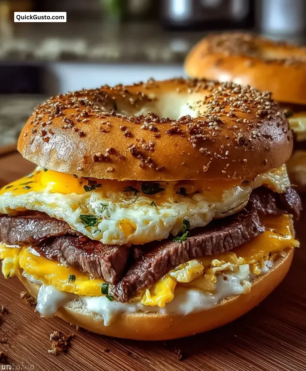 Delicious Steak Egg Cheese Bagel loaded with flavorful steak, eggs, and cheese
