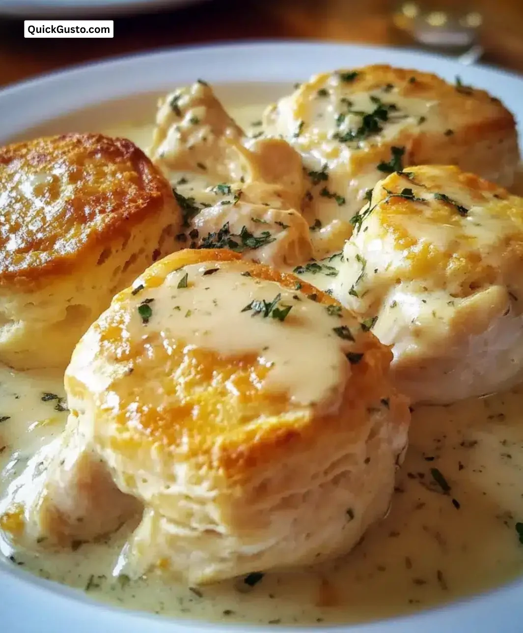 Delicious creamy chicken and biscuits recipe served in a bowl