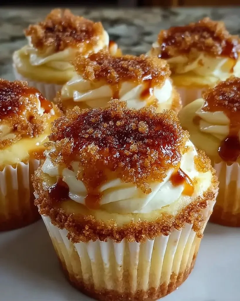 Delicious Vanilla Bean Crème Brûlée Cheesecake Cupcakes with caramelized topping