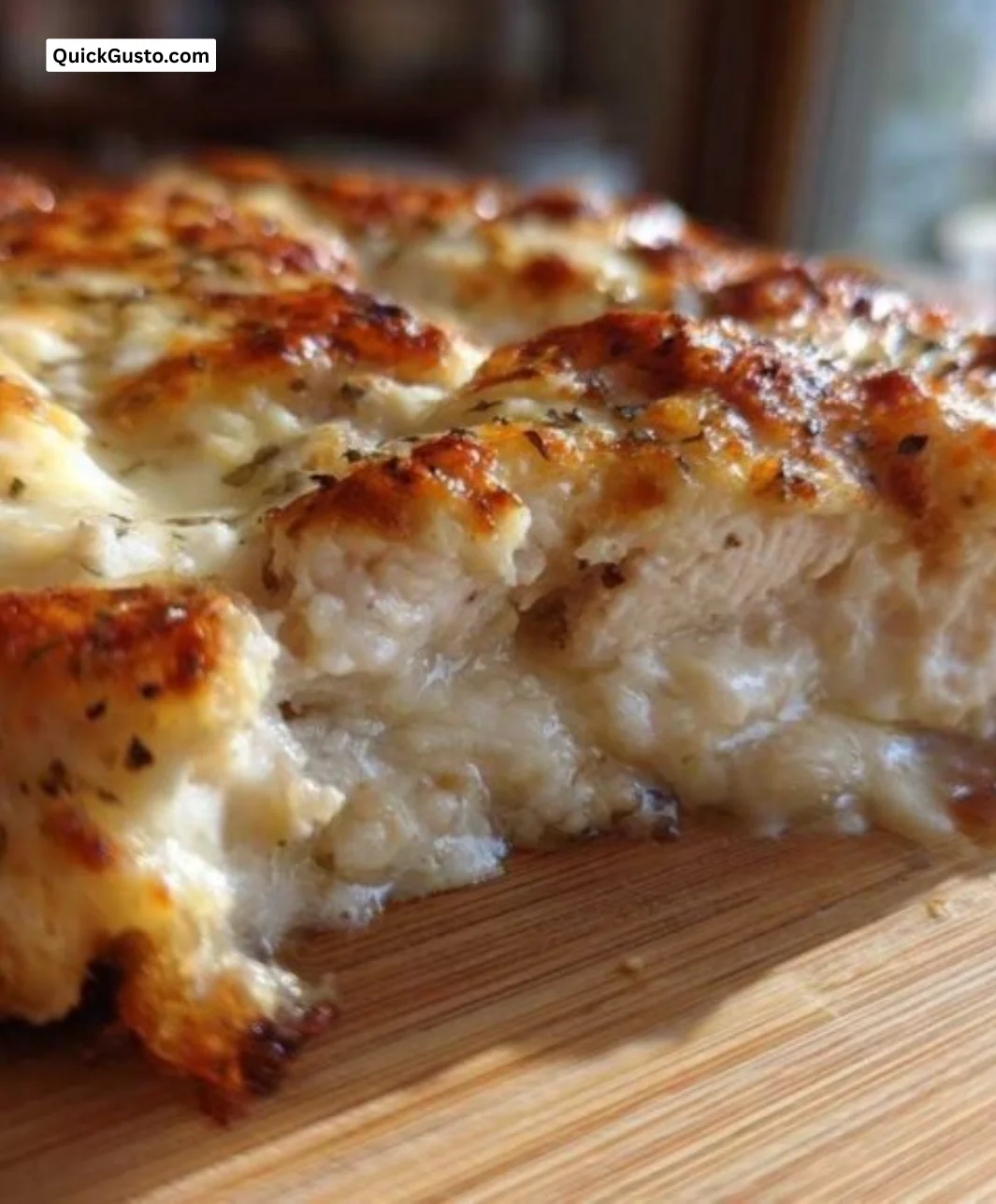 10-Minute Garlic Parmesan Chicken Bake on a plate garnished with herbs