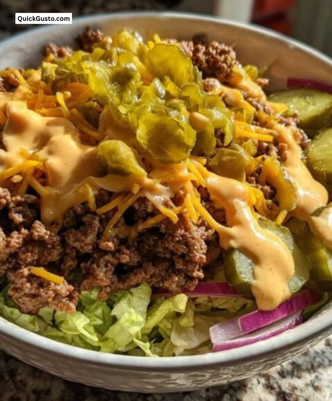 20-Minute cheeseburger bowl with ground beef, cheese, and fresh toppings