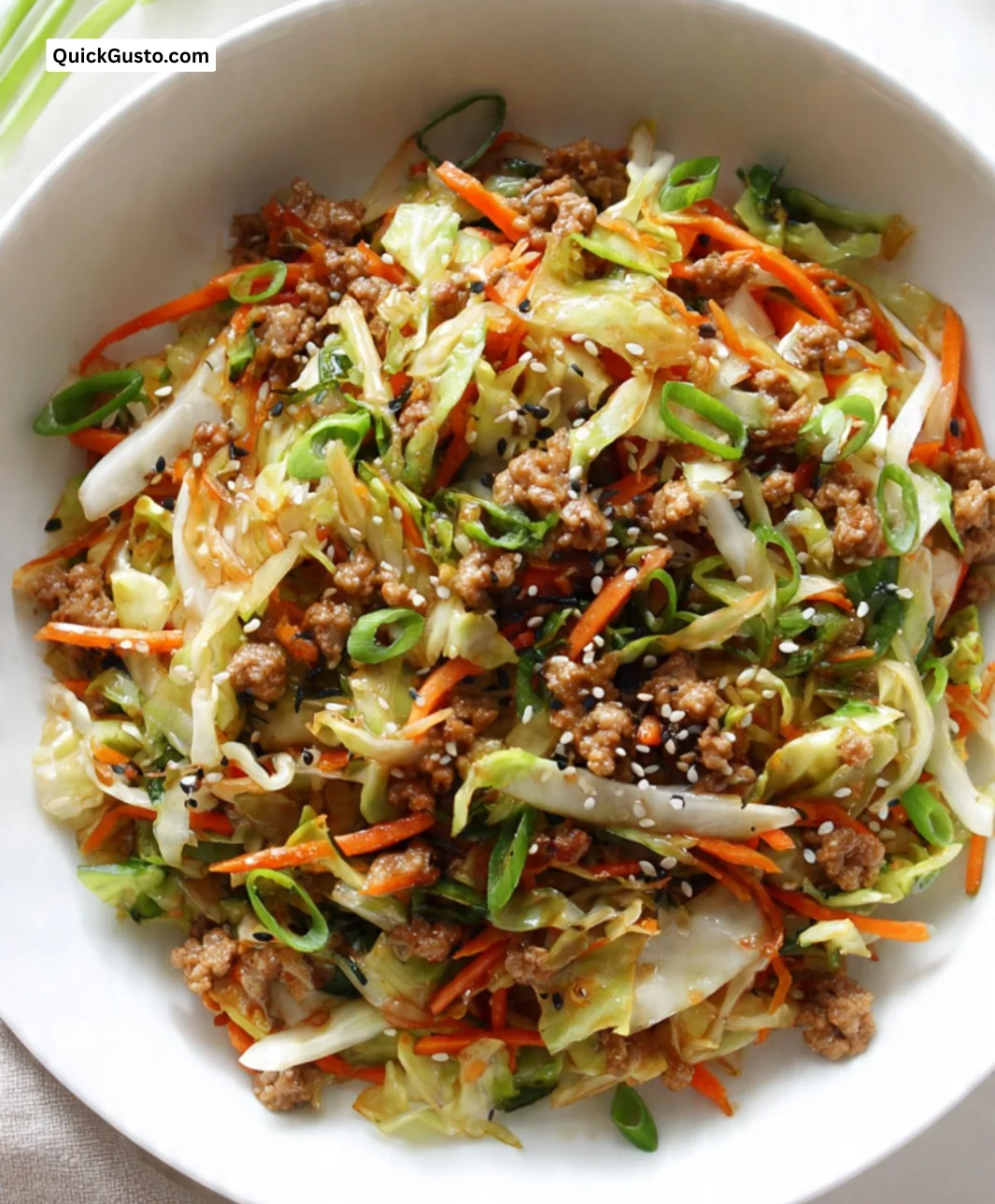 Delicious Paleo Egg Roll Bowls served in a bowl with colorful vegetables
