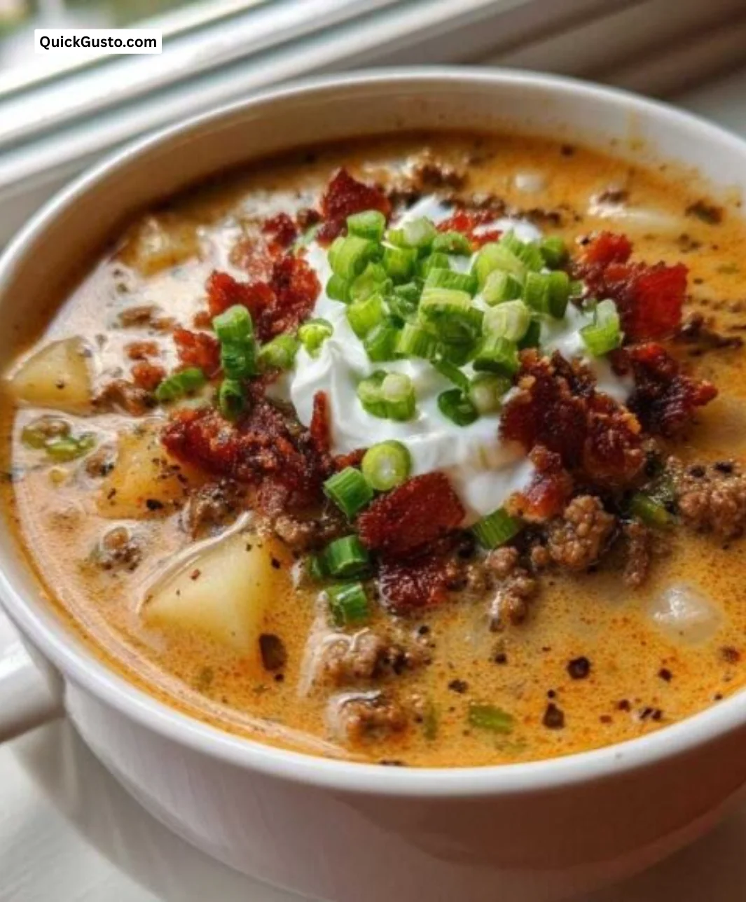 Bowl of delectable cheeseburger soup garnished with parsley