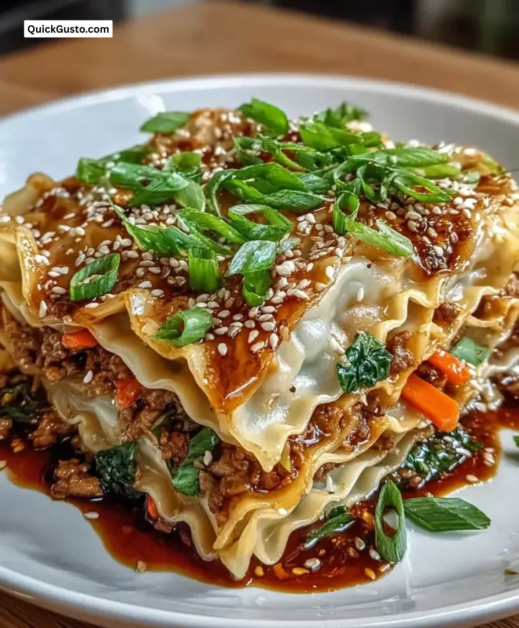 Asian dumpling lasagna layered with veggies and savory sauces