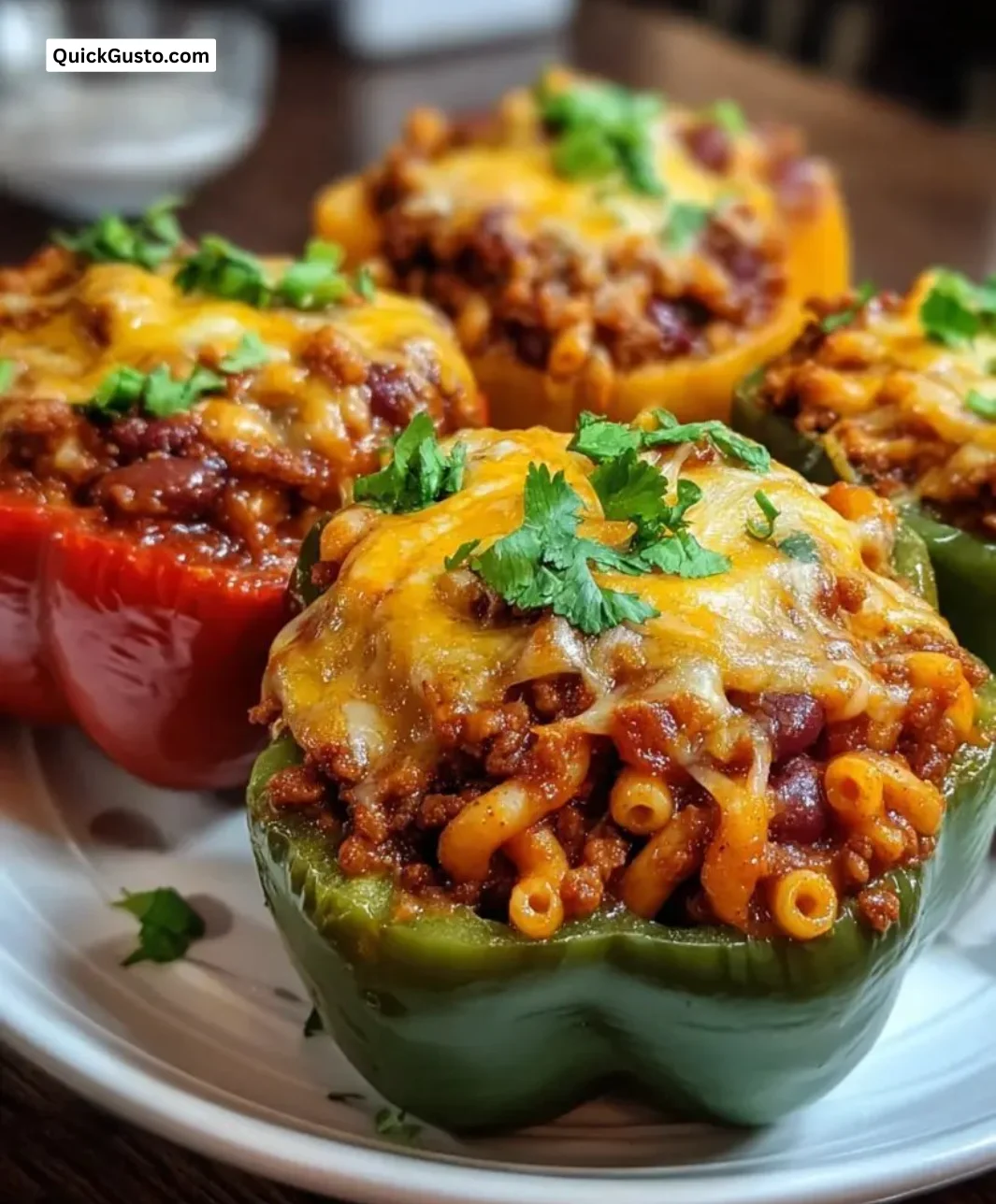 Baked chili mac stuffed peppers topped with cheese and herbs