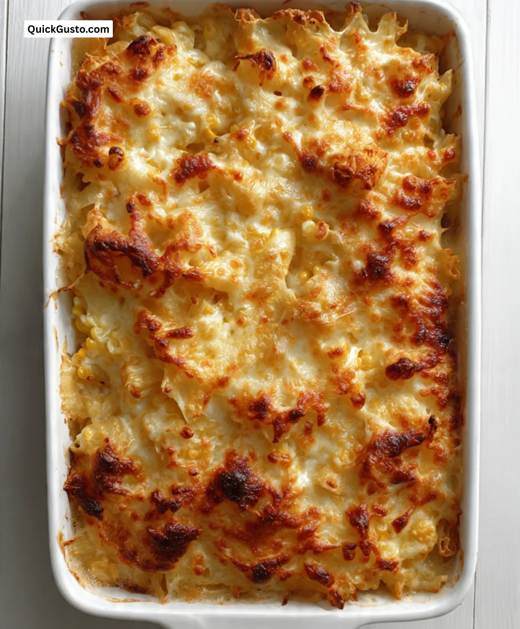 Cheese and Sweetcorn Pasta Bake served in a baking dish