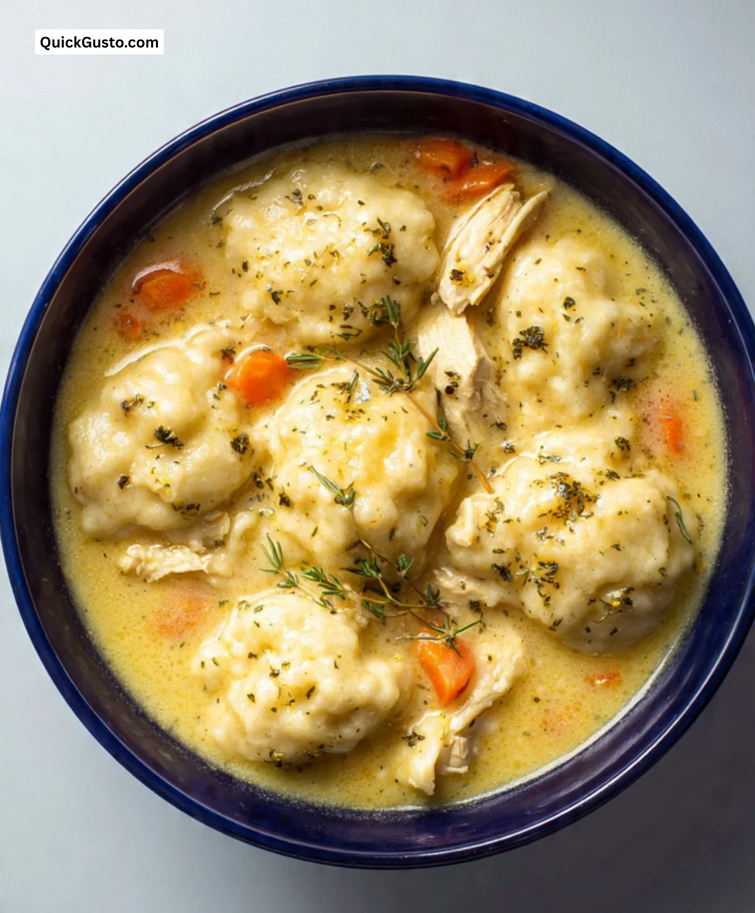 Delicious chicken dumplings served in creamy broth with vegetables