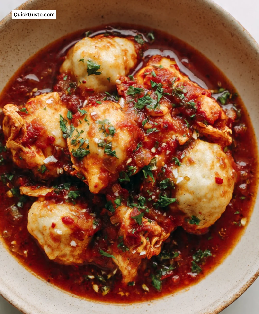 Delicious Chicken Arrabbiata Stew topped with Parmesan Dumplings in a bowl