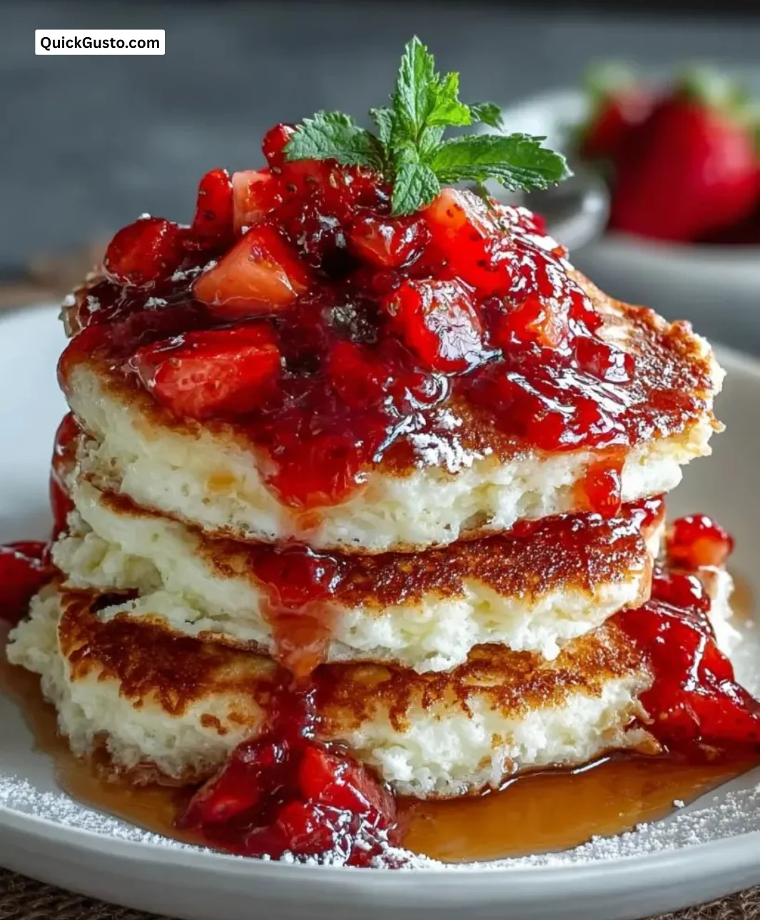 Delicious cottage cheese pancakes served with fresh strawberries