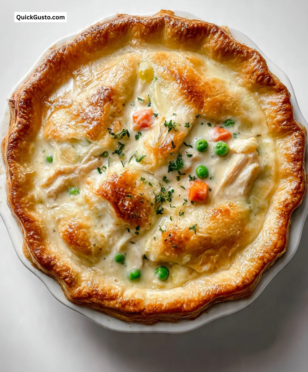 Creamy chicken pot pie with chicken and vegetables in a flaky crust
