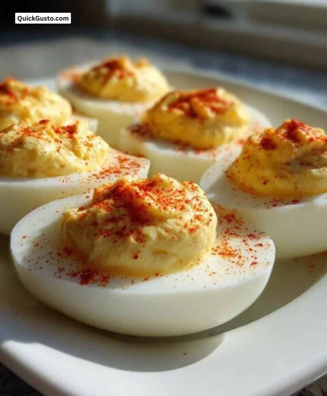 Plate of creamy deviled eggs garnished with paprika and herbs