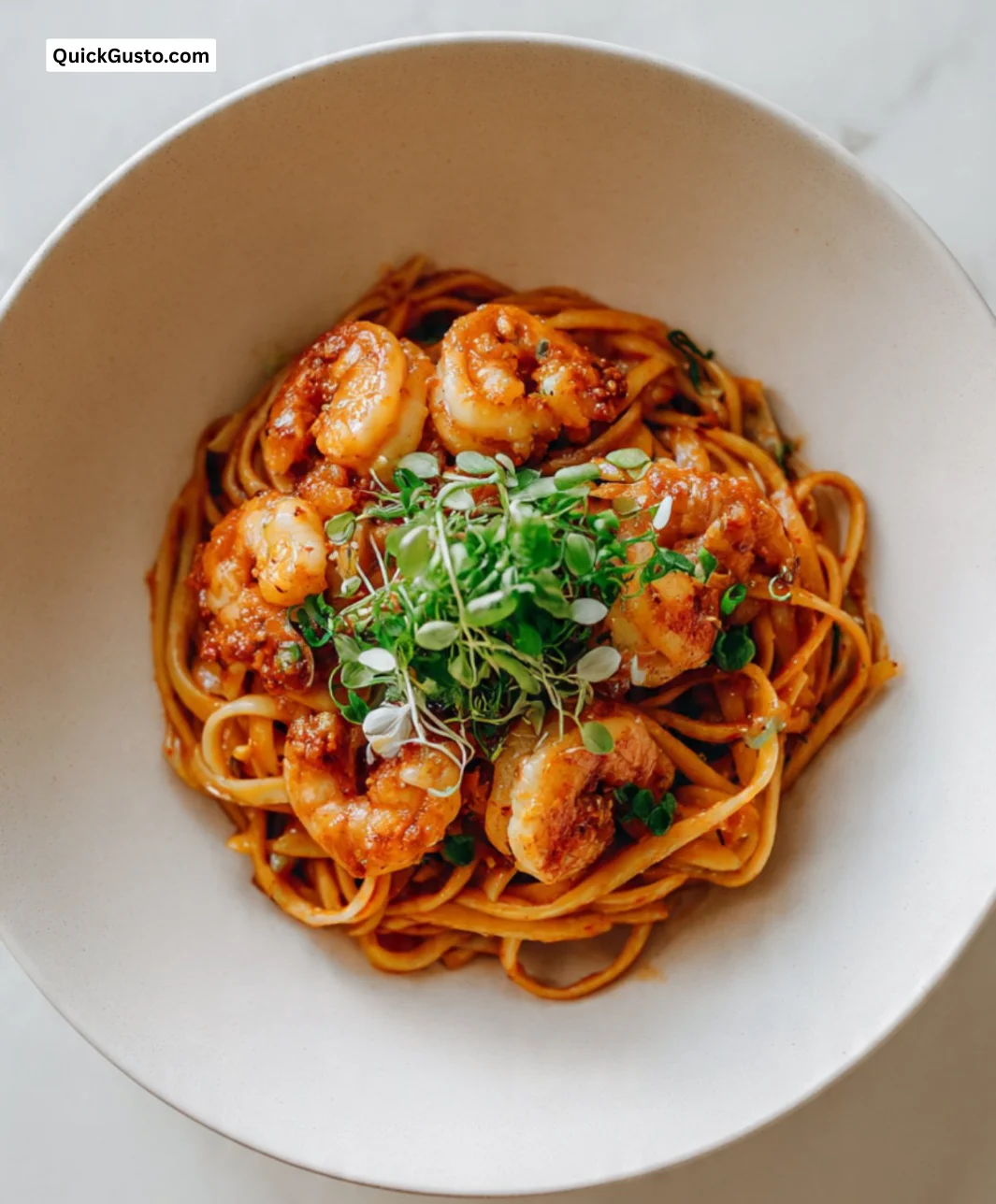 Creamy Gochujang pasta with prawns in a bowl, garnished with green onions.