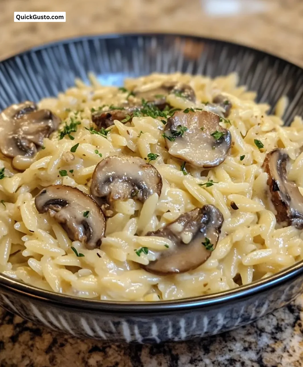 Bowl of creamy mushroom orzo topped with fresh herbs