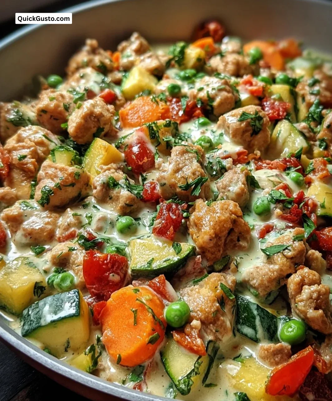 Creamy ranch turkey and veggie skillet dish, garnished and ready to serve.